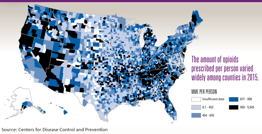 U.S. Map detailing the amount of opiods prescribed per person in 2015