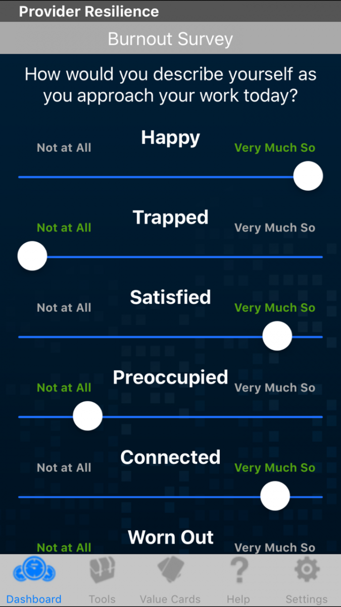 Provider Reslience App Burnout Survey Screen Shot